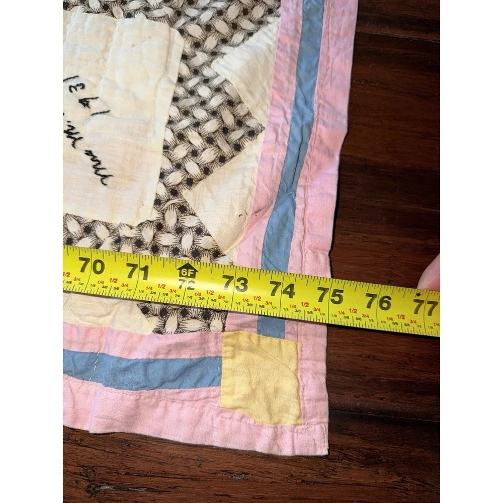 Vtg 1930s Feedsack Quilt Handmade Patchwork Pink Backing Names 75x88